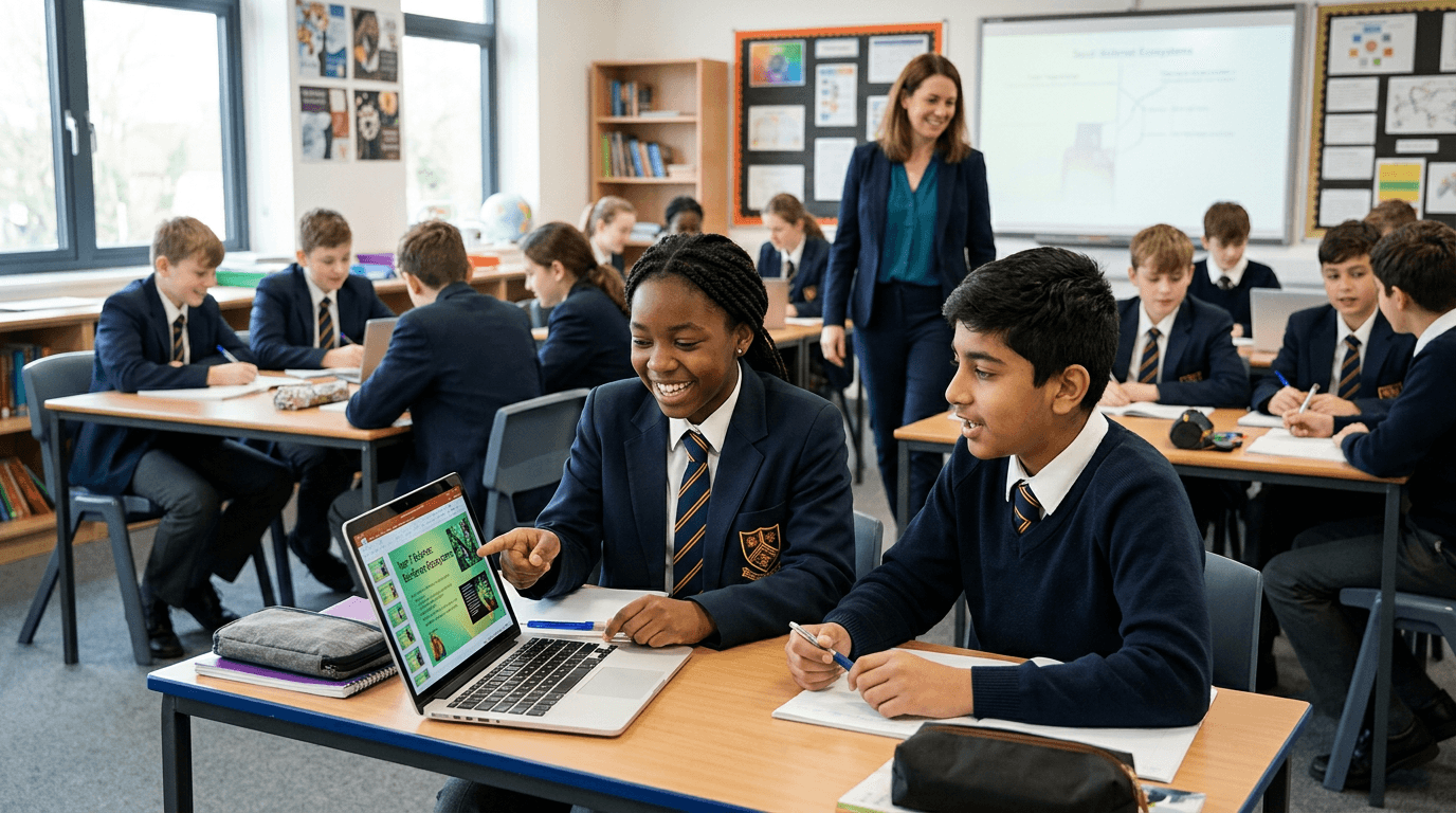 Two students in school uniform sharing a laptop at a desk in a modern classroom