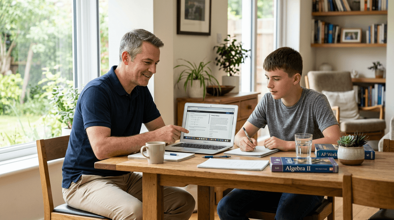 Father and son in casual Western clothes studying with a laptop at the dining table