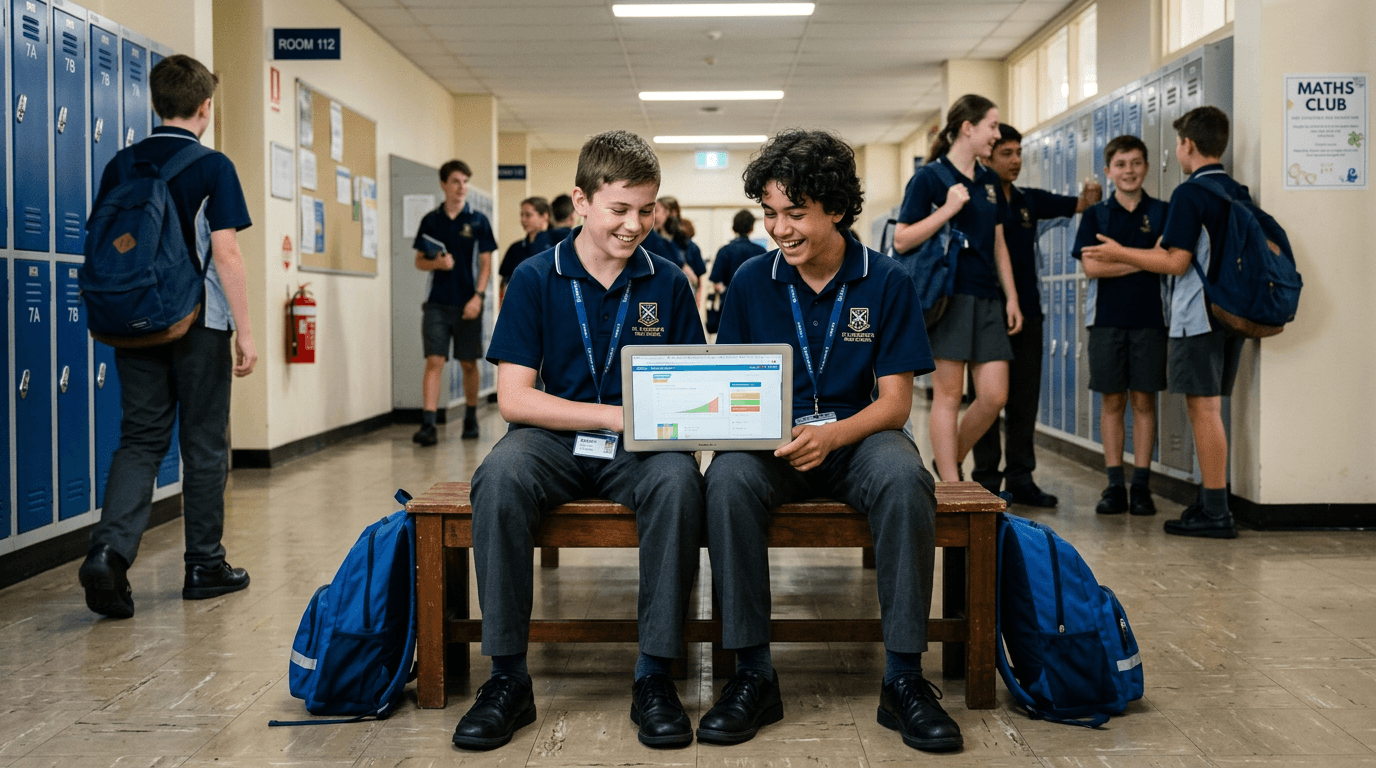 Two students in school uniform sharing a laptop on a bench in a school hallway