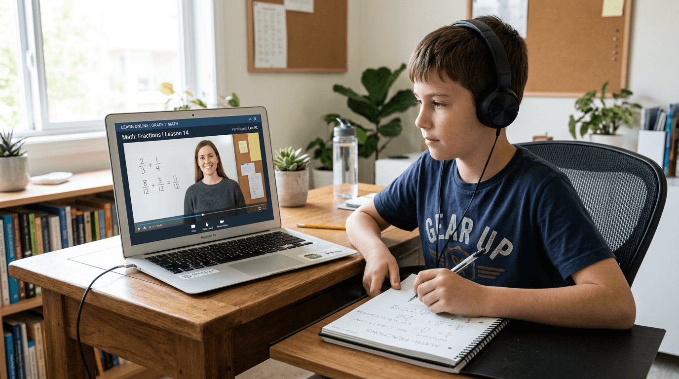 Year 7 student at a home desk with laptop; online teacher on screen in Western business-casual