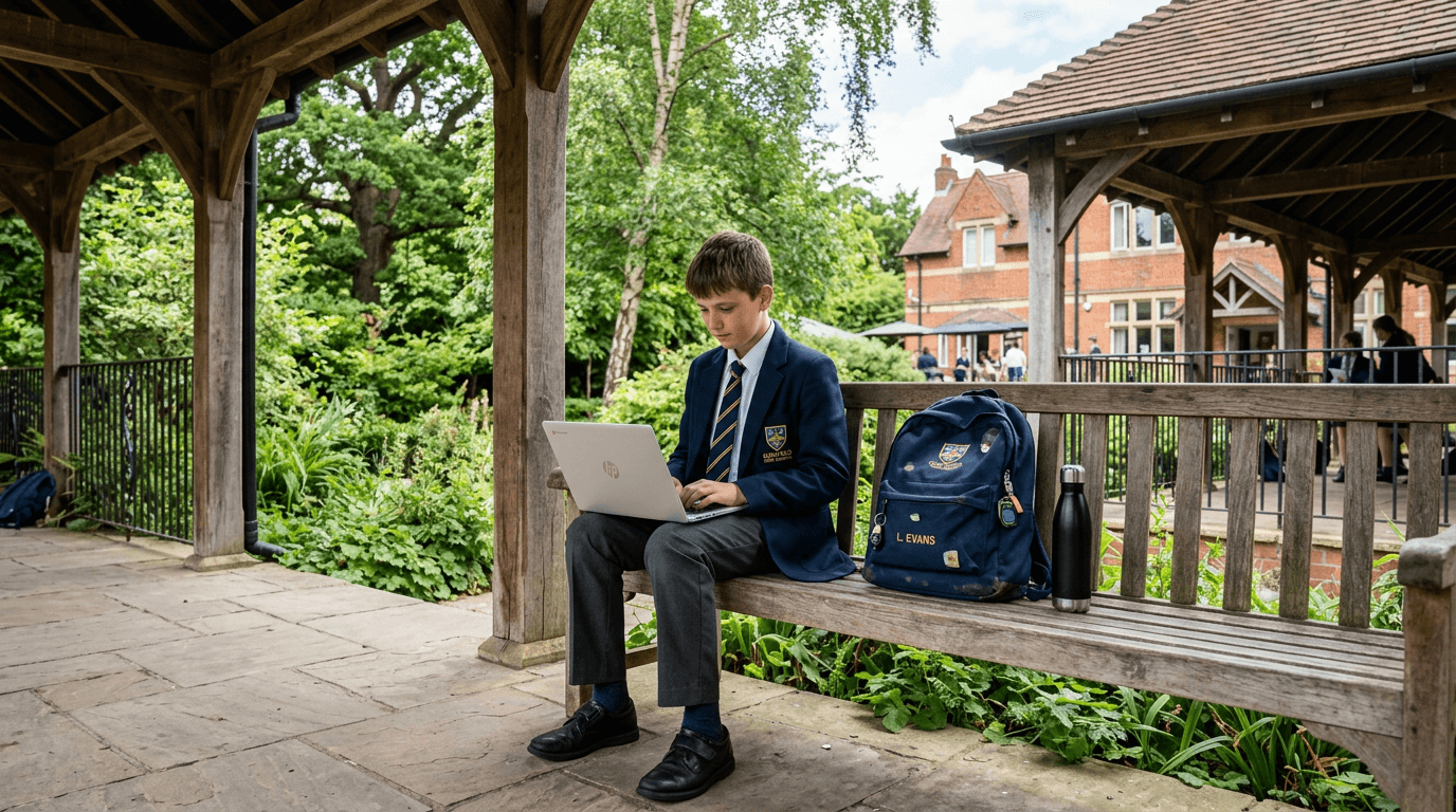 Year 7 student in school uniform using a laptop in an outdoor school study area