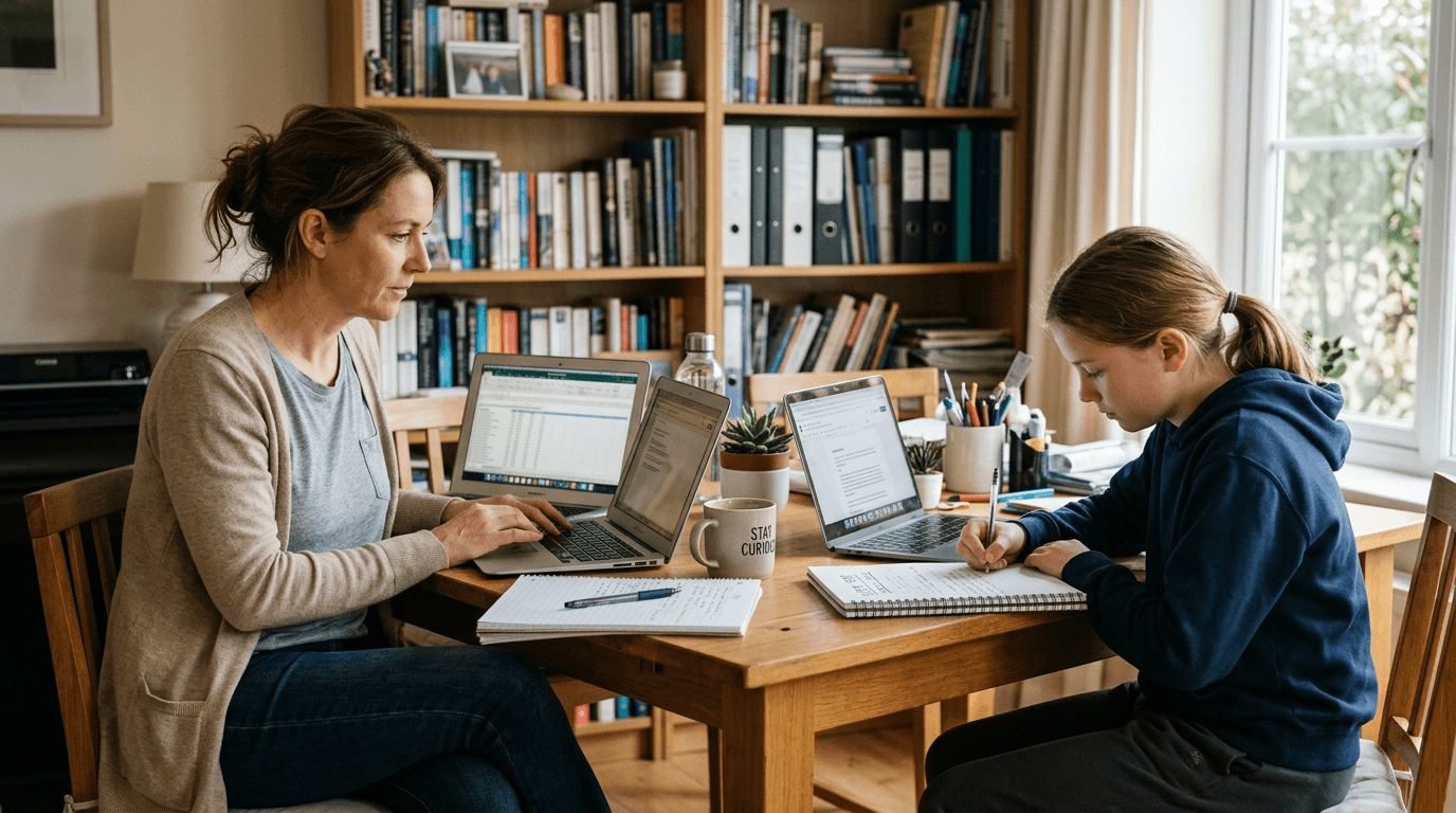 Adult and Year 7 student in casual Western clothes working together at a home study desk