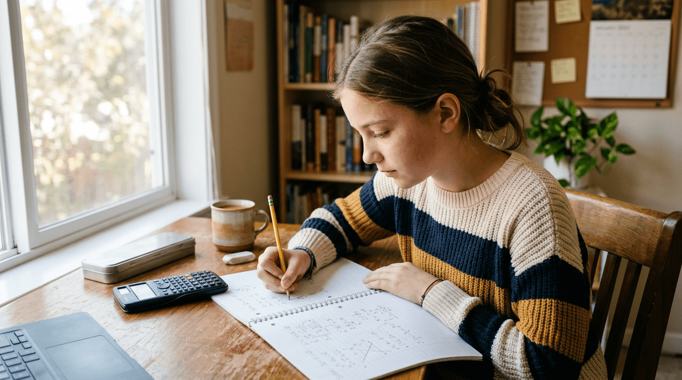 Year 7 student studying maths at a desk with notebook and natural light