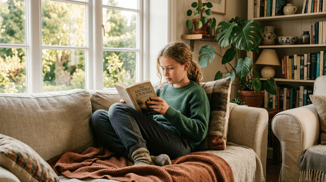 Year 7 student reading in a bright, comfortable space