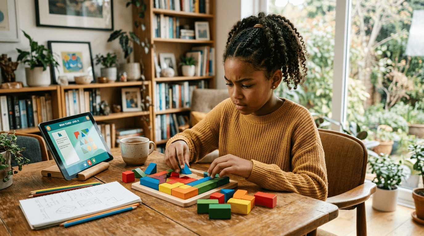Year 7 student working on logic puzzles and spatial activities at home
