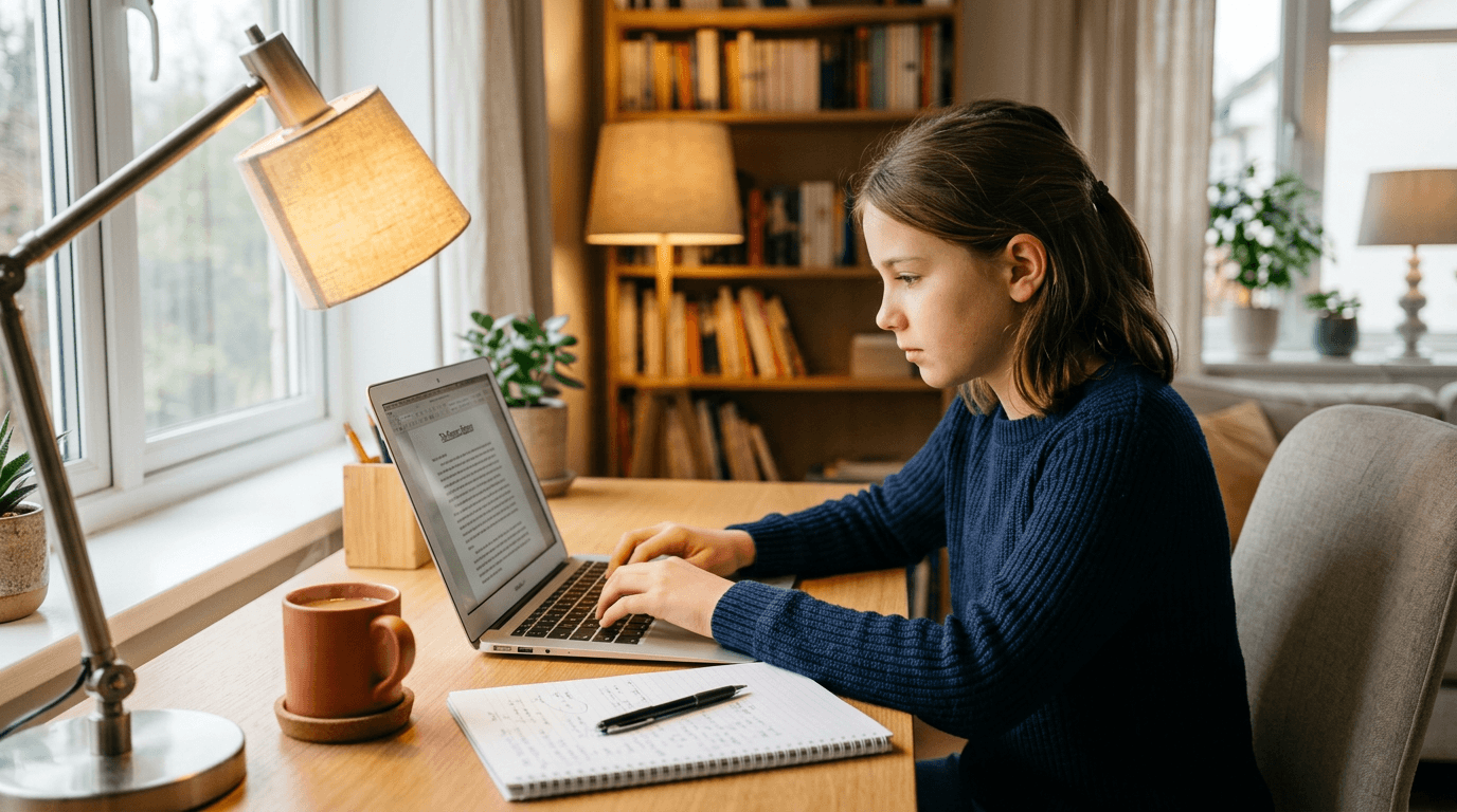 Year 7 student writing on a laptop at a home study desk