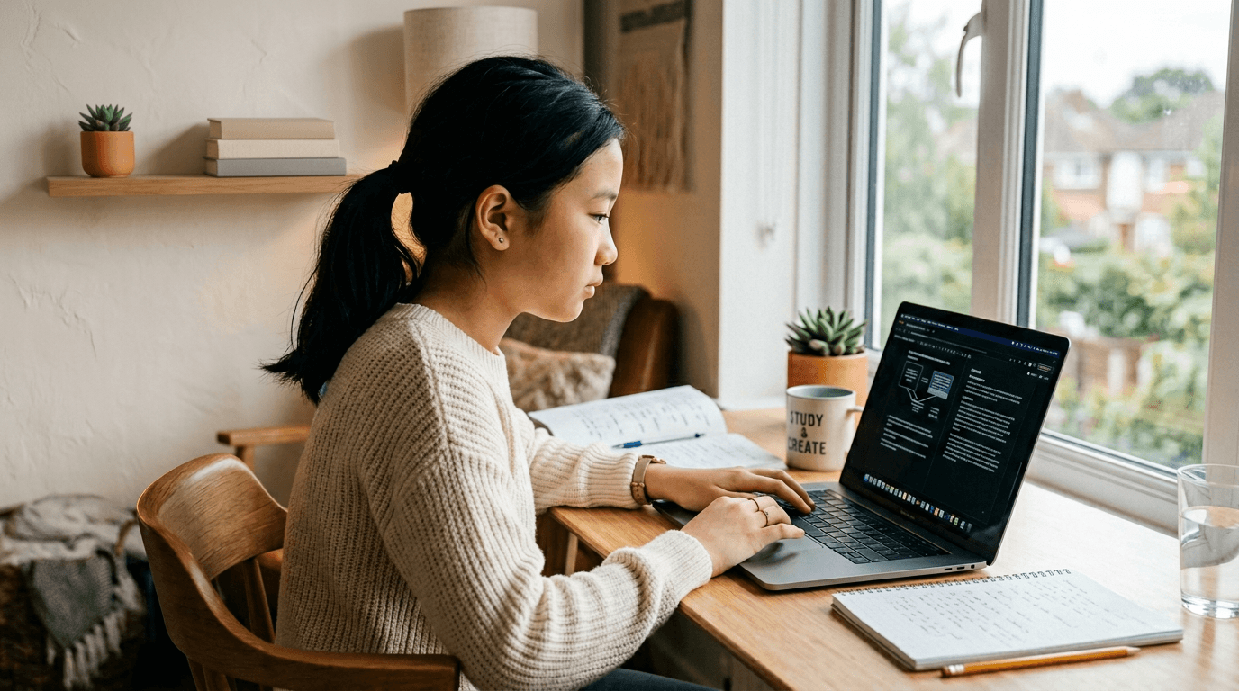 Year 7 student of East Asian heritage studying on a laptop at a home desk