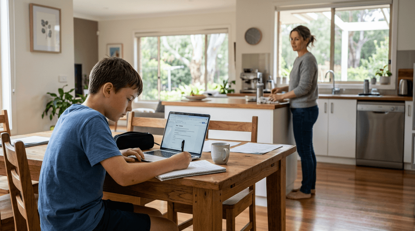 Year 7 student using a laptop at home; parent in the background in casual Western clothes