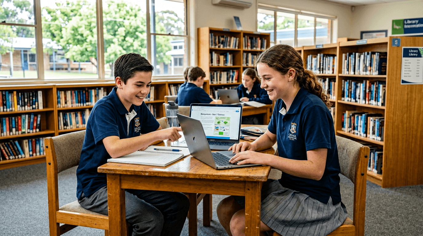Two students in school uniform collaborating on a laptop in a bright school library