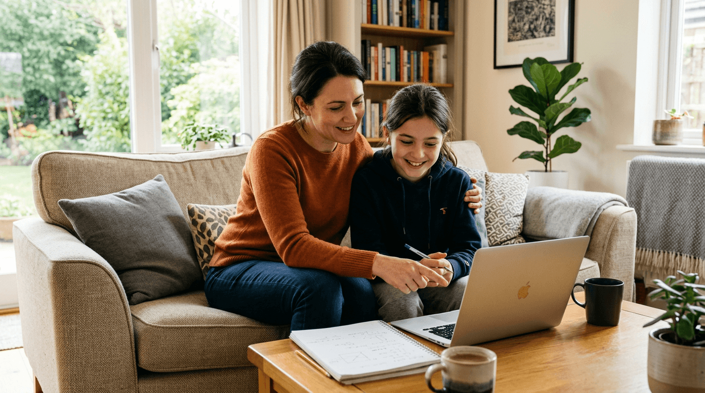 Parent and child in casual Western clothes looking at a laptop together on the sofa