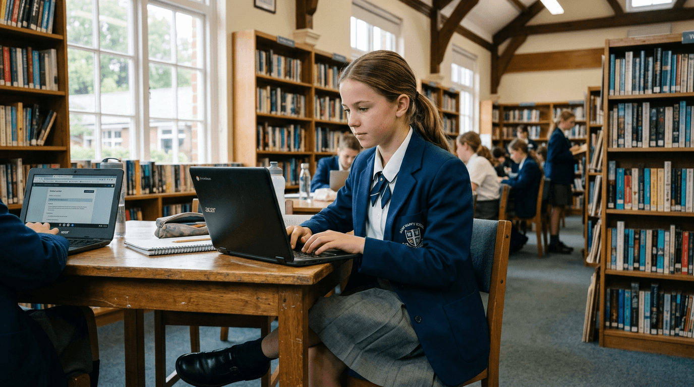 Student in school uniform using a laptop in a school library with tall bookshelves