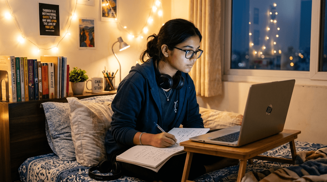 Year 7 student of Indian heritage studying on a laptop in a bedroom nook