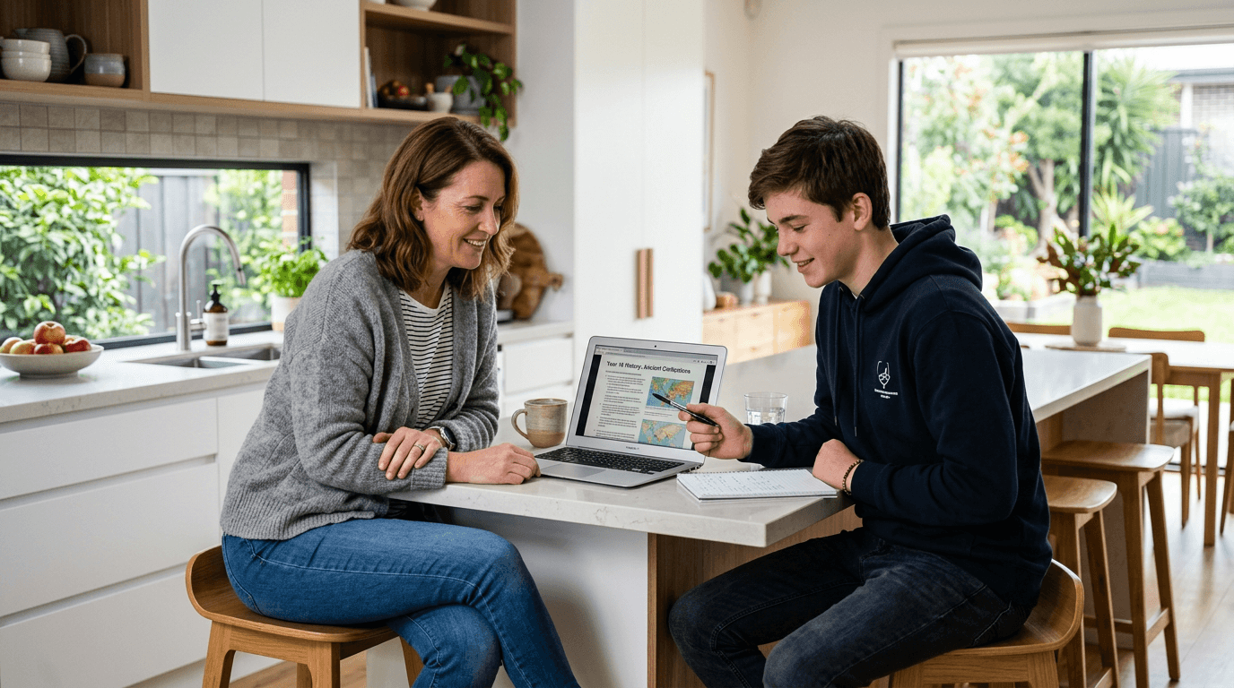 Parent and teen in casual Western clothes reviewing work on a laptop at the kitchen counter