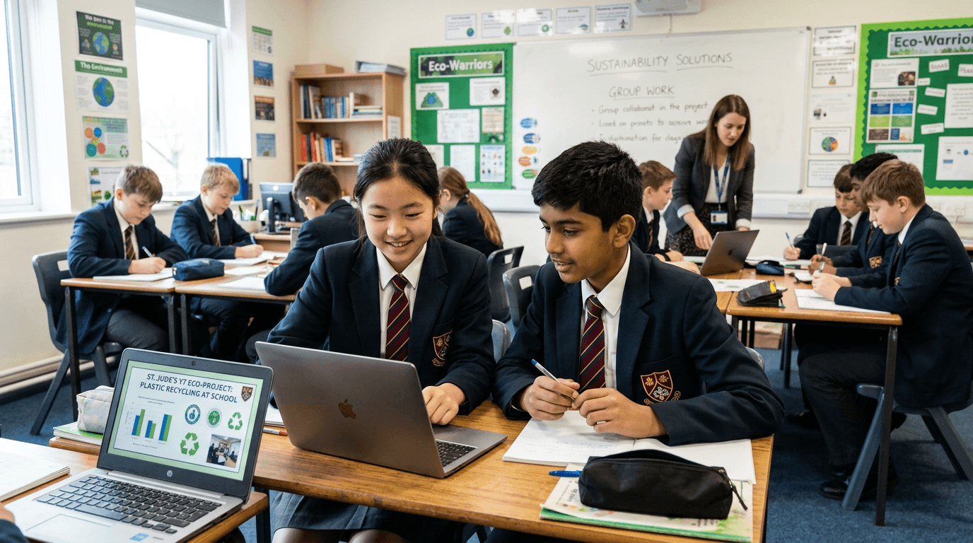 Two students in school uniform with laptops collaborating at a table in a classroom