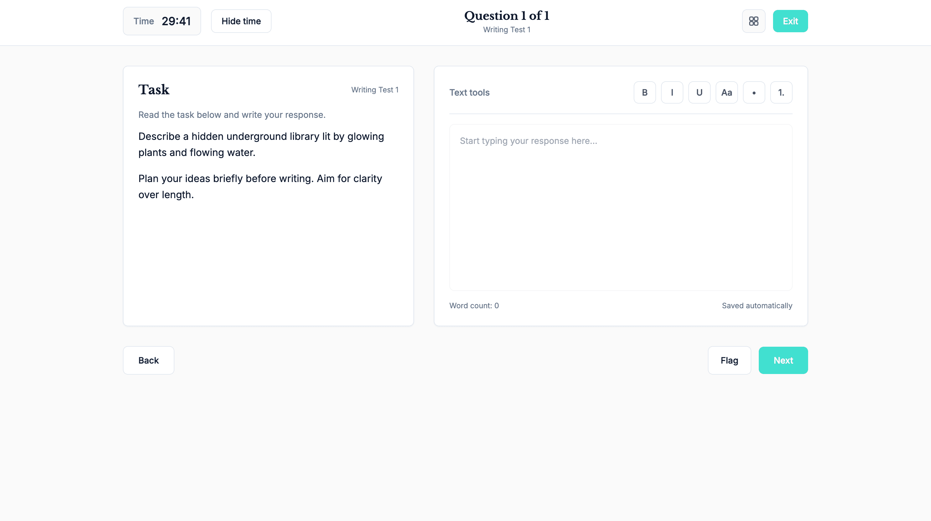 GoTestPrep Writing exam simulator with timed digital interface and keyboard