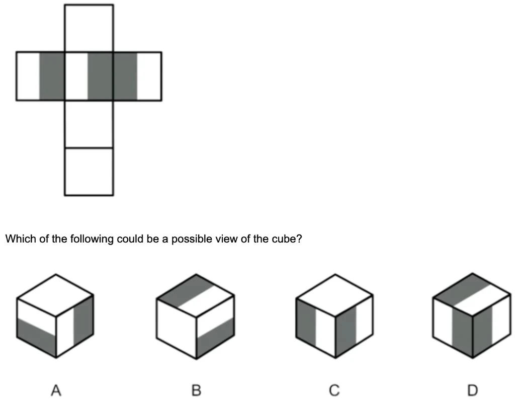 A cross-shaped cube net with alternating shaded and white vertical stripes along the middle row; four labelled 3D cube views (options A–D)