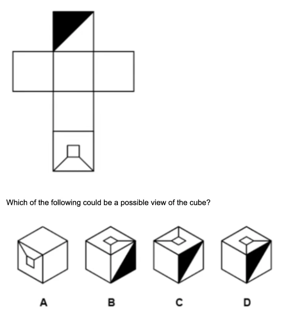 A cross-shaped cube net with a black-triangle face and a funnel-shaped face; four labelled 3D cube views (options A–D)