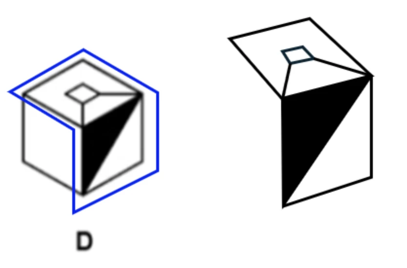 Option D matches the cube exactly; other options highlighted for comparison