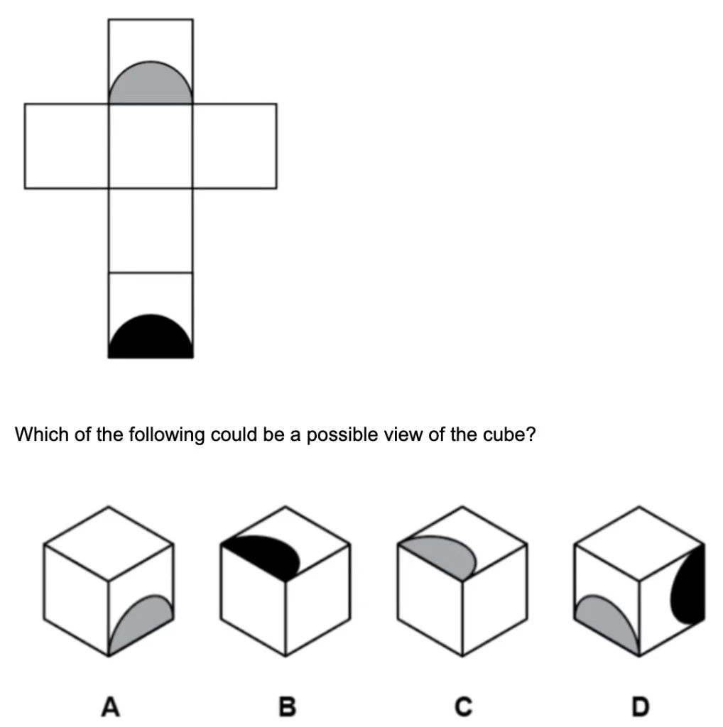 Cube net with grey semi-circle on top face and black semi-circle on bottom face, with four possible 3D cube views labelled A to D
