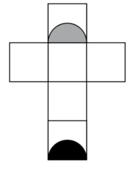The cube net showing a grey semi-circle on the top face and a black semi-circle on the bottom face