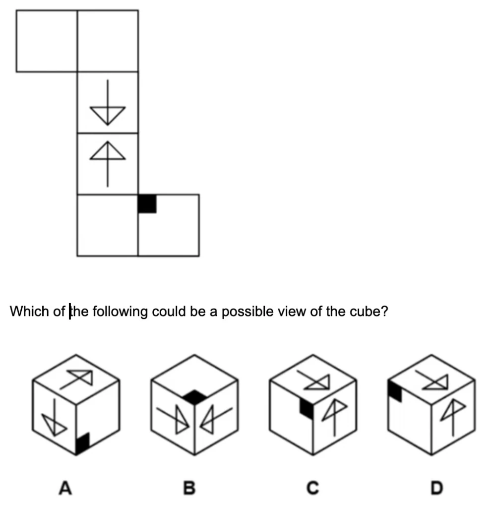 Cube net with downward arrow, upward arrow, and small black square faces, with four possible 3D cube views labelled A to D