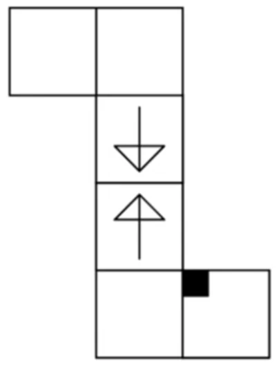 The given net: two blank faces at the top, then a downward-pointing arrow face, then an upward-pointing arrow face, then a row with a blank face, the black-square face, and a blank face