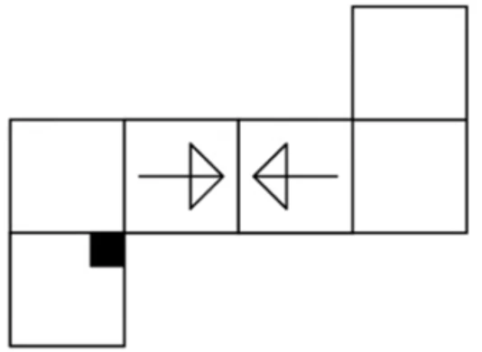 Rotated version of the net showing the two arrow faces side-by-side pointing toward each other, and the black-square face adjacent to the non-pointy (tail) end of the arrows