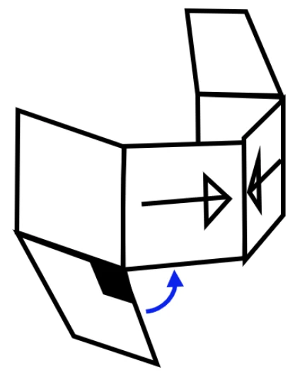 Partially folded cube with a blue arrow highlighting that the black square meets the arrow faces at their tail (non-pointy) end, not the tip