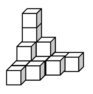 Isometric L-shaped solid of white unit cubes with a tall corner tower and two arms along the base