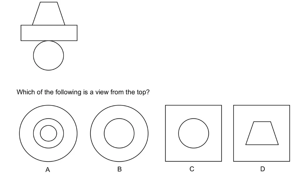 Side elevation of a stacked solid with frustum, wide middle section, and circular base; four top-view options labelled A to D