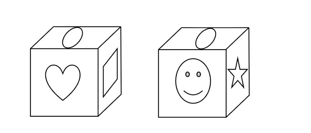 Two isometric views of the same cube. Left view: oval on top, heart on front, rectangle on right side. Right view: oval on top, smiley face on front, star on right side.