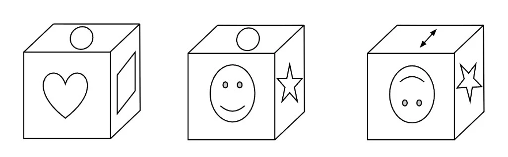 Three isometric views of the same cube. View 1: small circle on top, heart on front, rectangle on right. View 2: small circle on top, smiley face on front, star on right. View 3: double-headed arrow on top, oval face on front, star on right.