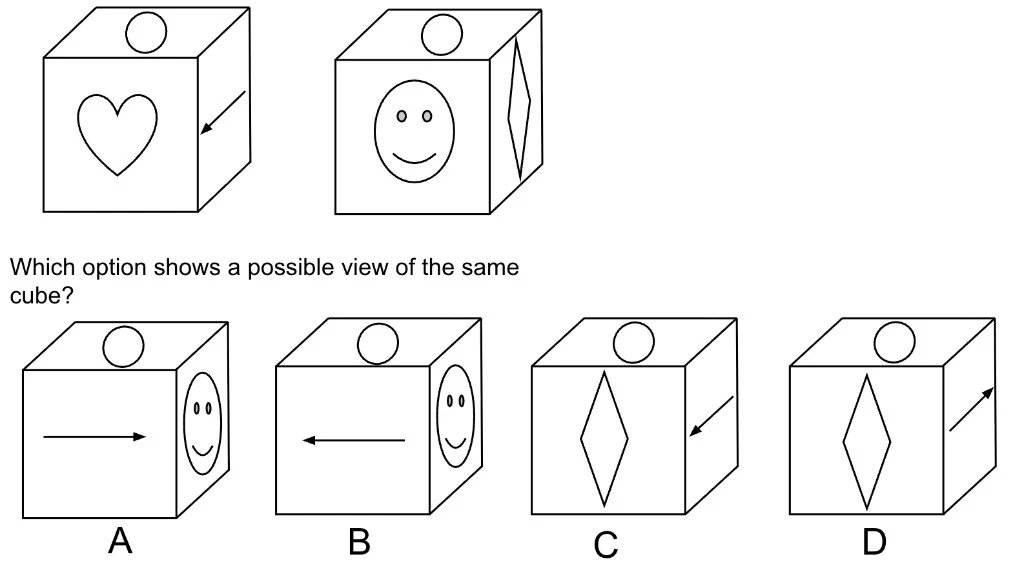 Two isometric views of the same cube. View 1: circle on top, heart on front, small arrow on right side. View 2: circle on top, smiley face on front, diamond shape on right side. Below are four answer options (A–D), each showing a cube with circle on top and different combinations of arrow, smiley face, and diamond on the visible faces.