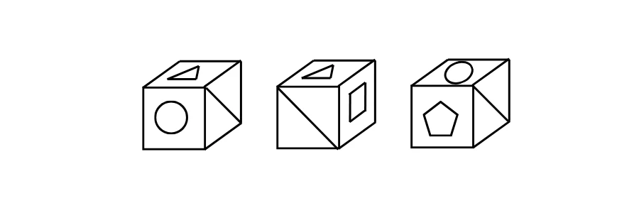 Three views of a cube with symbols on the faces